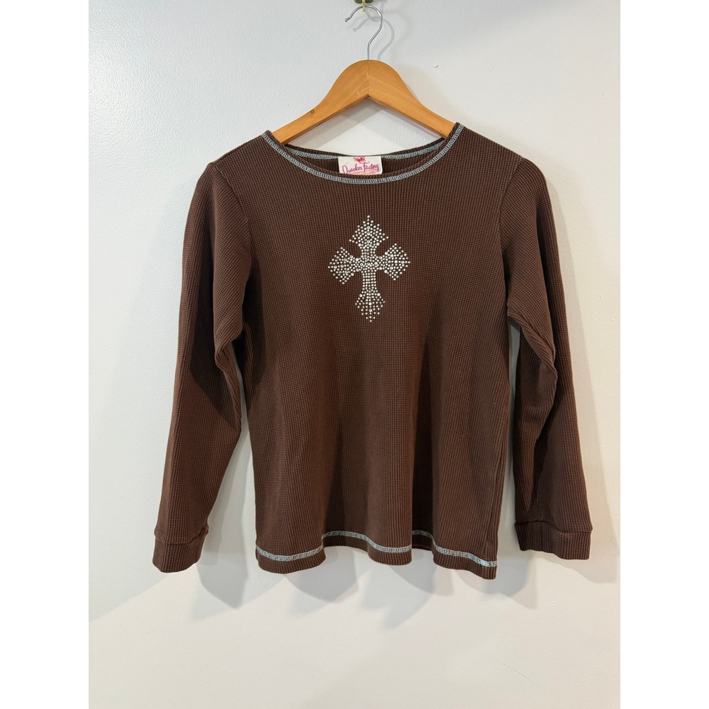 Quacker Factory Brown y2k Waffle Knit Rhinestone Cross Thermal Top XS Grunge